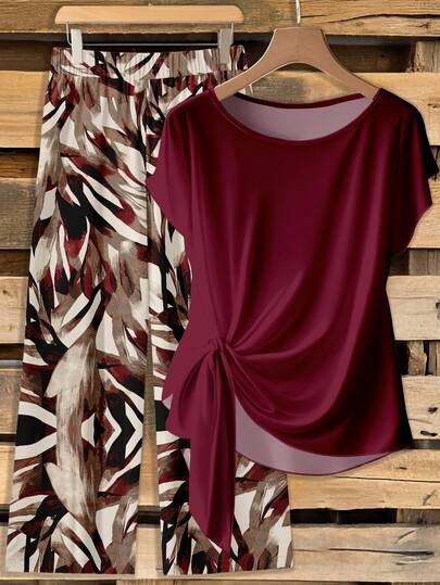 EMERY ROSE Casual Women Multicolor Woven Fabric Two Pieces Set With Random Print Pants And Round Neck Short Sleeve Blouse Burgundy Tops