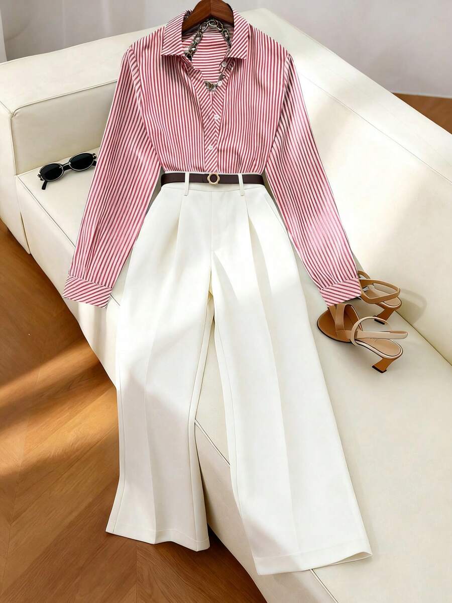 Airaco 2pcs Casual Commuter Striped Long Sleeve Shirt With Belt Decor & Straight Leg Pants Set - Pink - View 1
