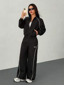 SHEIN PETITE 2pcs Women Streetwear Athleisure Cargo Outfit: Reflective Lapel Windbreaker Coat And Cargo Parachute Pants, Suitable For Spring/Autumn - Black - View 5