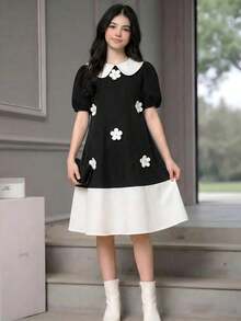 SHEIN Gaun Remaja Perempuan Longgar Lengan Mengembang dengan Kerah Pita, Desain Blok Warna, Kasual & Manis, Musim Semi/Panas - Hitam dan Putih - View 3