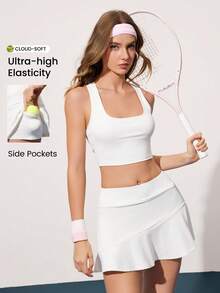 Gameset SHEIN Sport Women's Minimalist Solid Color Square Neck Camisole And Skirt Tennis Outfit, Summer 2 Piece Tennis Set - White - View 1