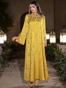 Layrah 手工水钻装饰领长袖连衣裙 - 黃色 - 查看 6