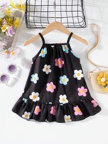 SHEIN Playful Pals Đầm dệt họa tiết sọc nhiều màu sắc dễ thương, kiểu dáng thường ngày cho bé gái, thích hợp mặc mùa hè. - màu đen - Xem 5