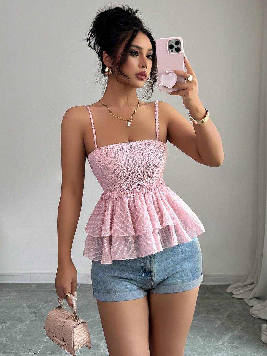 SHEIN Tall 女士性感褶皱双层拼接吊带短款吊带背心 - 粉色 - 查看 1