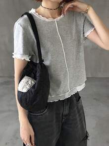 FRIFUL Áo thun nữ tay ngắn cổ tròn màu xám và trắng - Xám - Xem 4