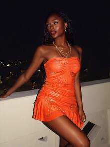 SHEIN DivaQ Women's Fashionable Orange Printed Knit Tube Dress - Multicolor - View 5