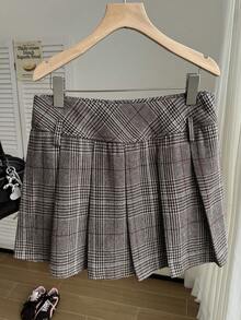 Comfortcana Große Größen Lässig Retro Collegiate Khaki karierter Rock mit Futter - Khaki - Übersicht 3