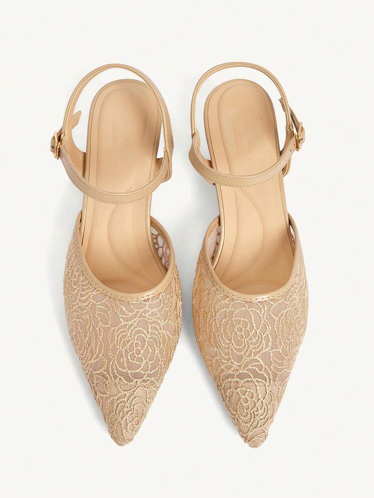CUCCOO CHICEST Women's Pointed Toe Apricot Embroidered Mesh Ankle Strap Comfortable Breathable Fashion Elegant Party Banquet High Heel Pumps Wedding Shoes Summer Shoes Bride Shoes