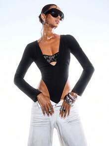 LYSMO Women's Long Sleeve Lace Patchwork One-Piece Swimsuit, Casual Resort Beach Pool Wear - Black - View 4