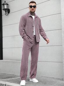 Manfinity CasualCool Bộ áo sơ mi dài tay cài cúc phía trước màu trơn dành cho nam và quần dài có túi xéo. - Hồng - Xem 7