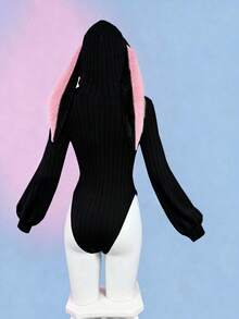 Sunspun Women's Solid Color Knitted Elastic Hooded Rabbit Ear Bodysuit, Anime Inspired Top, Cute, Rabbit Ears, Spring/Autumn, Winter - Black - View 2