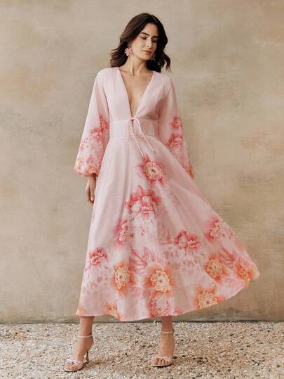 Anewsta Women's Floral Print Deep V-Neck Long Sleeve Dress, Romantic & Elegant For Holiday, Women's Day, Mother's Day