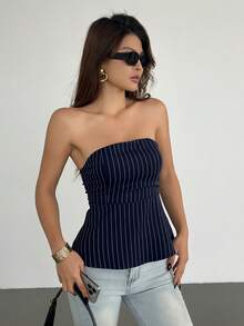 DAZY 女士条纹修身短款吊带背心 - 藏蓝色 - 查看 3