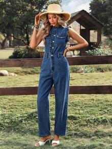 Breezaya Women's Ruffle Hem Sleeveless Casual Denim Jumpsuit - Medium Wash - View 5