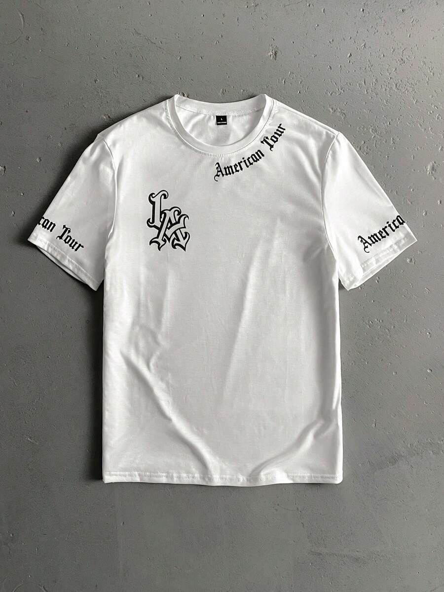 男士休闲字母印花圆领短袖T恤，夏季 - 彩色 - 查看 1