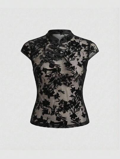 ROMWE Avant Spring/SummergraphicNew Chinese Style Mandarin Collar Mesh Flocked Mesh Asymmetric Slim Fit Women Top