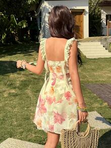 Floral Print Ruffled Strap Fitted Mini Dress For Women, Sweet Style, Suitable For Spring/Summer Vacation Garden Party Dresses Womans Summer Dress Summer Floral Dress Flower Dress Woman - Pale Yellow - View 2