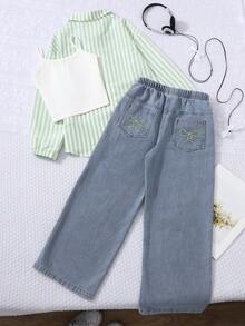 Sparklyn 2pcs/Set Big Girls' Spring/Autumn Striped Long Sleeve Shirt & Loose Light Blue Denim Jeans, Sweet Casual Outfit For Daily Wear - Green - View 2
