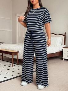 SHEIN EZwear 加大码藏蓝色条纹T恤和裤子休闲两件套，夏季 - 藏蓝色 - 查看 5