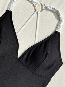 Shapewave-D Women's One-Piece Swimsuit, Black Glossy Fabric, Black & White Color Block Design, Ruched Details, Adjustable Criss-Cross Back Straps, Flattering Silhouette, Sexy & Fashionable - Multicolor - View 5