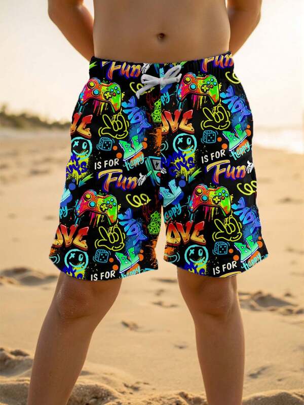 Tween Boy Casual Loose Printed Beach Pants, Suitable For Summer, Beach, Outdoor, Swimming, Classic Street Graphic Print, Stylish Game Controller Print, Suitable For Swimming, Vacation, Surfing