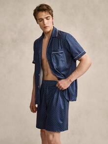 Men's Navy Blue Retro British Geometric Print Short Sleeve Shorts Pajama Set - Navy Blue - View 3