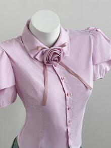Flirla Rose Floral Striped Puff Sleeve Elegant Women Shirt - Pink - View 7