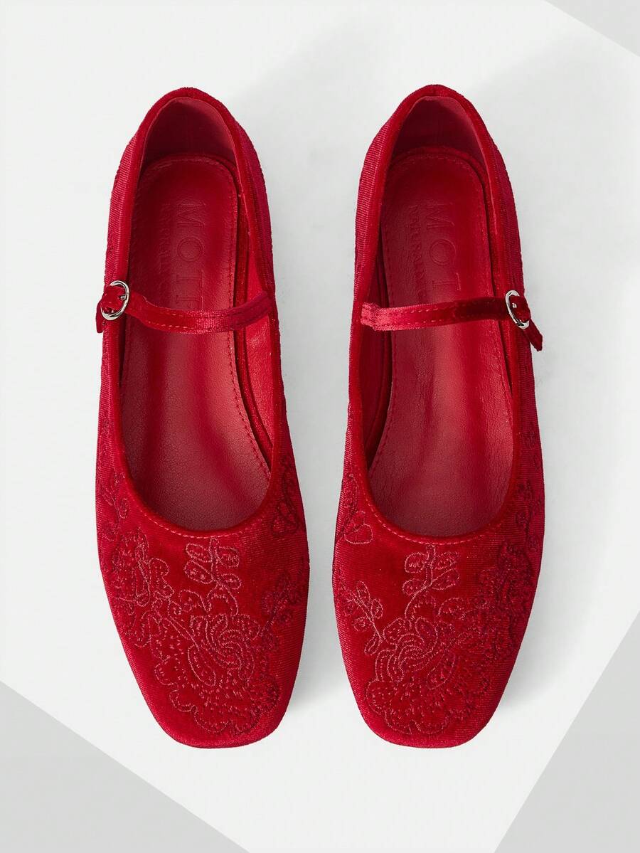 MOTF WOMEN ELEGANT VERSATILE COMMUTING VELVET FLORAL EMBROIDERY BUCKLE STRAP FLATS VALENTINE'S DAY SPRING SHOES - Red - View 2