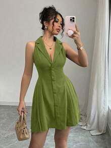 Elenzga Đầm ngắn nữ kiểu dáng thường ngày, công sở, màu trơn, cổ ve lật, gấu xếp ly, eo thon, thích hợp cho mùa hè. - màu xanh lá - Xem 4