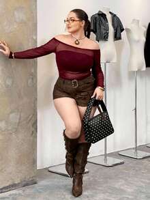 SHEIN EZwear 大码女式网纱透视露肩时尚百搭长袖上衣 - 酒紅色 - 查看 3