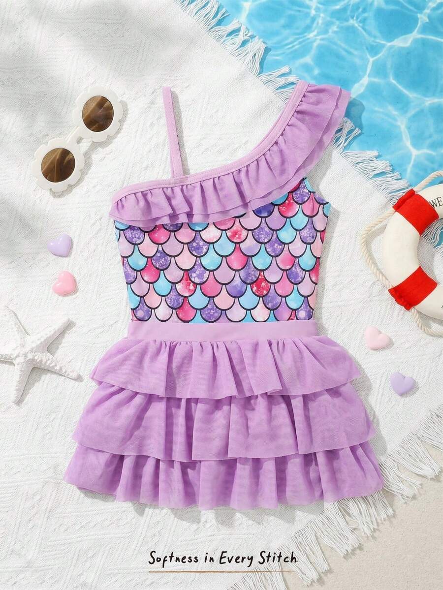 Cozy Pixies 女童美人鱼印花泳衣,带裙摆,可爱泳装,适合运动、海滩、度假、休闲等各种场合。 - 紫色 - 查看 1