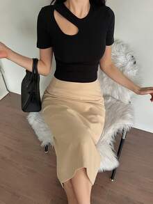 DAZY 女士夏季圆领短袖镂空性感休闲打底衫 - 黑色 - 查看 6