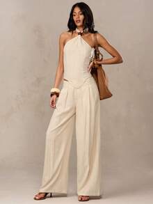 SHEIN BAE 米白色亚麻质感串珠露背上衣，适合意大利度假、法国南部度假、邮轮旅行、休闲度假穿着，串珠上衣，亚麻上衣，休闲上衣 - 杏色 - 查看 4