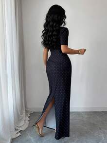 SHEIN Elenzya Urban Chic 新款女士黑色波点V领蕾丝装饰收腰中长连衣裙，适合日常穿着、婚礼、晚宴、通勤、毕业派对、节日、约会、聚会、万圣节、圣诞节、新年、感恩节等场合。 - 黑色 - 查看 2