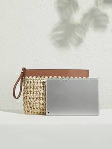 SHECARRY 女士手拿包、草编包、镂空草编包、时尚、优雅、简约、个性化、百搭，适合海滩、度假、假日、夏季、海边、沙滩派对 - 米色 - 查看 5