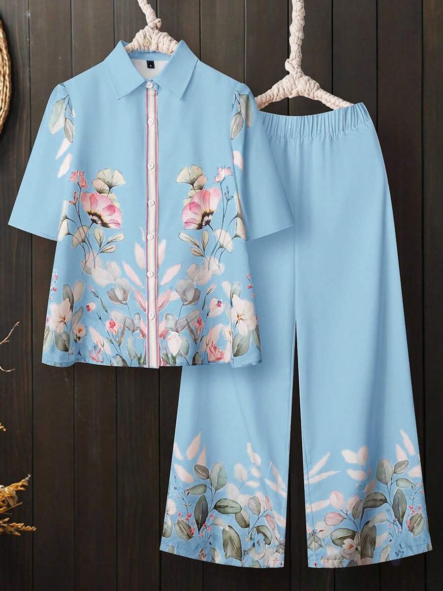 Lacomfia 2件套女士休闲纽扣领印花套装 - 淺藍色 - 查看 1