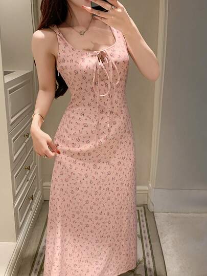 DAZY Ditsy Floral Sleeveless Waist Cinched Dress, Women Summer Casual Dress