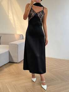 Livesso Spring Lace Ribbon Splice Elegant Party Bridesmaid Wedding Guest Cocktail Beach Midi Dress For Women Summer Sundress - Black - View 3