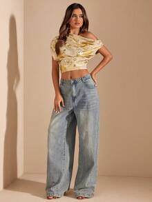 SHEIN BAE 金色纹理不对称肩部衬衫，女士金色上衣，夏季斜肩上衣，适合夜店派对、外出穿着，夏季女装，复古富贵，工作/办公室，女士商务休闲装，办公室着装 - 金色 - 查看 1