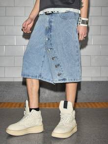 ROMWE MEN Street Life Men's Distressed Blue Denim Shorts - Blue - View 10