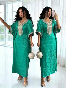 Rafferiza 女士缎面系带蕾丝拼接连衣裙，春夏款 - 綠色 - 查看 1