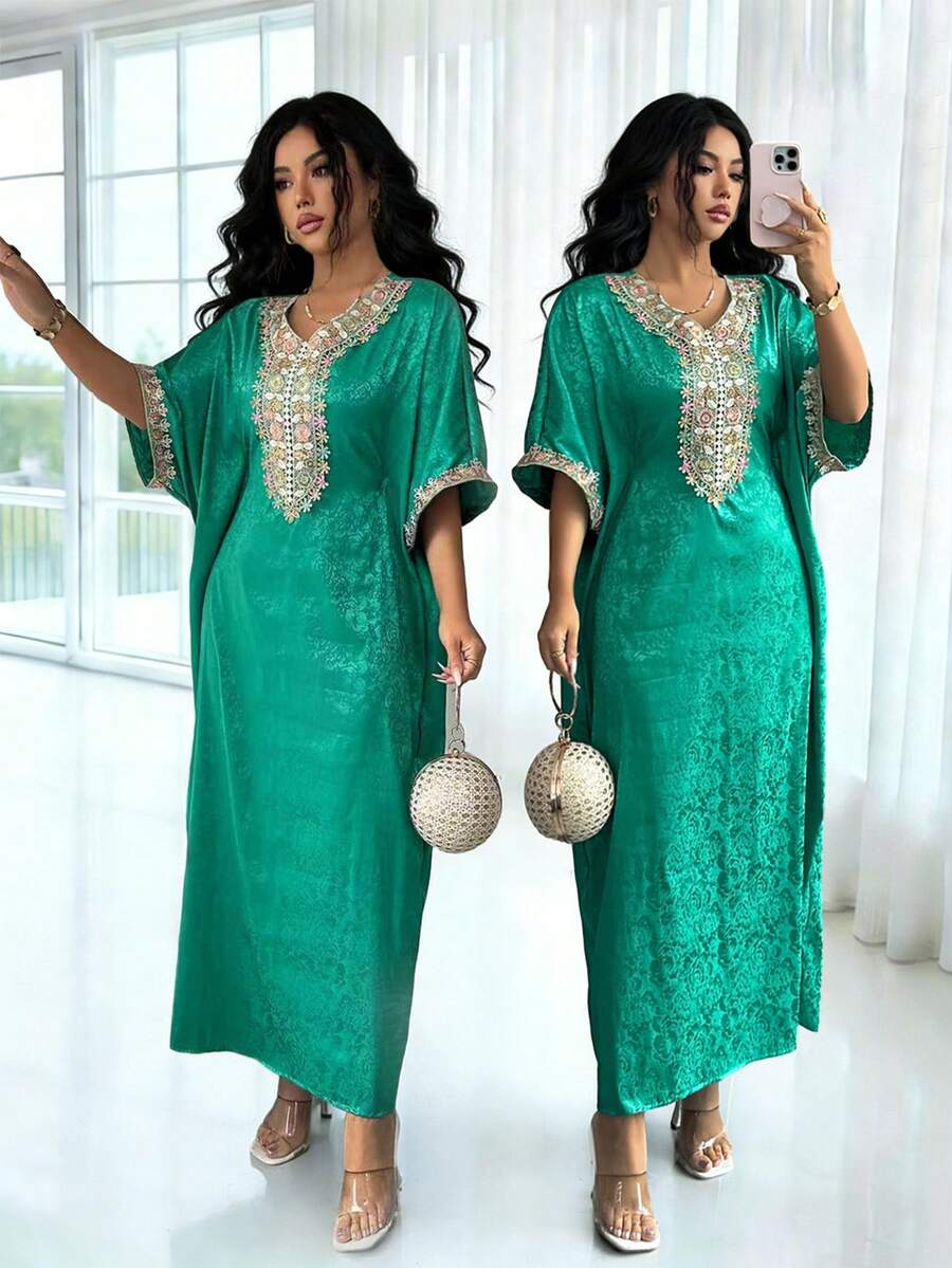 Rafferiza 女士缎面系带蕾丝拼接连衣裙，春夏款 - 綠色 - 查看 1