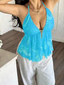 Sunnyshic Plus Size Deep V-Neck Spaghetti Strap Backless Camisole - Blue - View 3