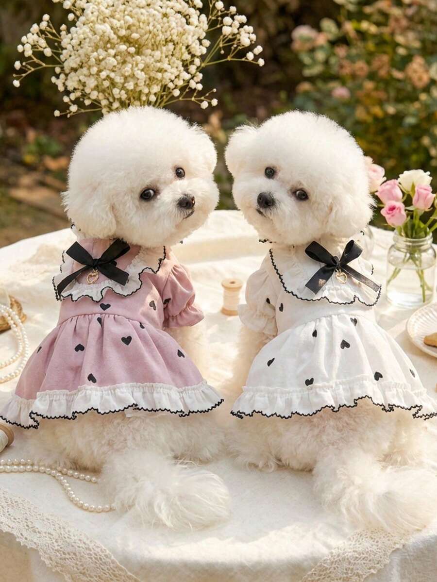 PETSIN 1件宠物服装，心形印花宠物公主风连衣裙，猫狗通用服装 - 彩色 - 查看 1