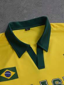 Manfinity Campus Court 男士休闲时尚街头通勤字母巴西国旗印花撞色条纹短袖Polo衫，夏季 - 彩色 - 查看 3