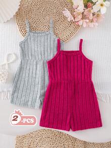 2pcs/Set Baby Girls' Summer New Sleeveless Ribbed Fabric Shorts Romper, Fuchsia/Gray Ribbed Fabric, Minimalist Cute Versatile Casual Holiday Jumpsuit 2pcs Set - Multicolor - View 1