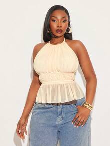 SHEIN SXY Áo croptop hở lưng gợi cảm màu trắng ngà dành cho nữ, chất liệu vải lưới, xếp ly, thời trang, thanh lịch, quyến rũ, thích hợp cho ngày Valentine, dự đám cưới, phong cách vintage, dự tiệc, đi chơi. - Màu be - Xem 5