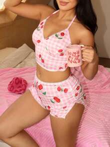 Lowkey Lull Cherry Plaid Print Halter Sleeveless Top And Shorts Women Pajama Set - Pink - View 6