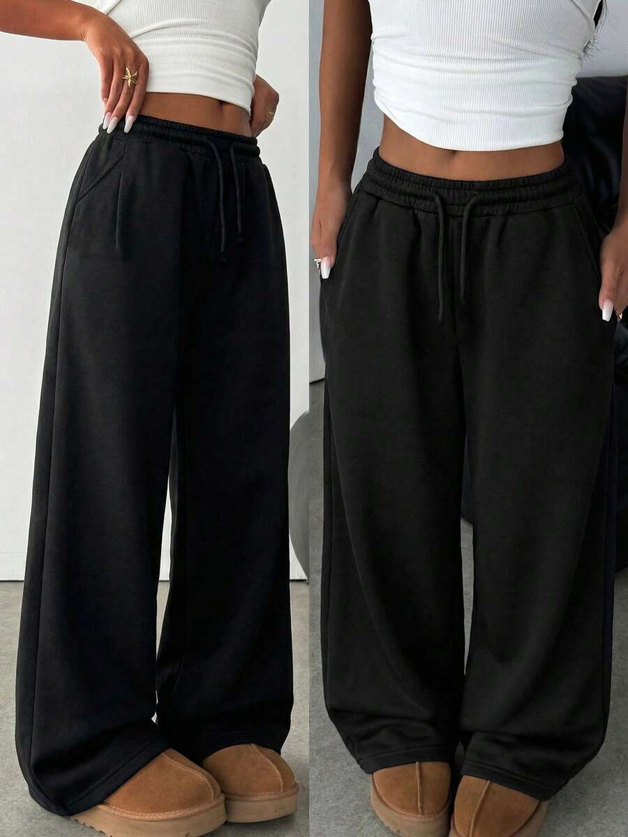 SHEIN Teen Girl Knitted Loose Casual Drawstring Pocket Wide Leg Sweatpants, Light Gray - Black - View 1