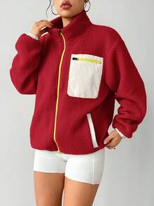 Exploreva Chaqueta deportiva casual con bolsillo con cremallera, cuello alto y contraste de color, para otoño/invierno - Rojo - Ver 4